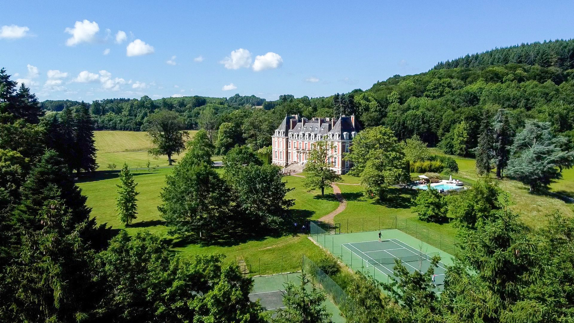 Aerial View of the Chateau de la Cazine, Grounds, French Countryside and Tennis Courts