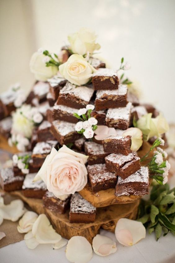 Chocolate brownie stack with wedding flowers incorporated