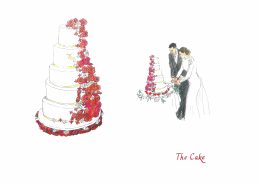 drawing of wedding cake and couple cutting the cake