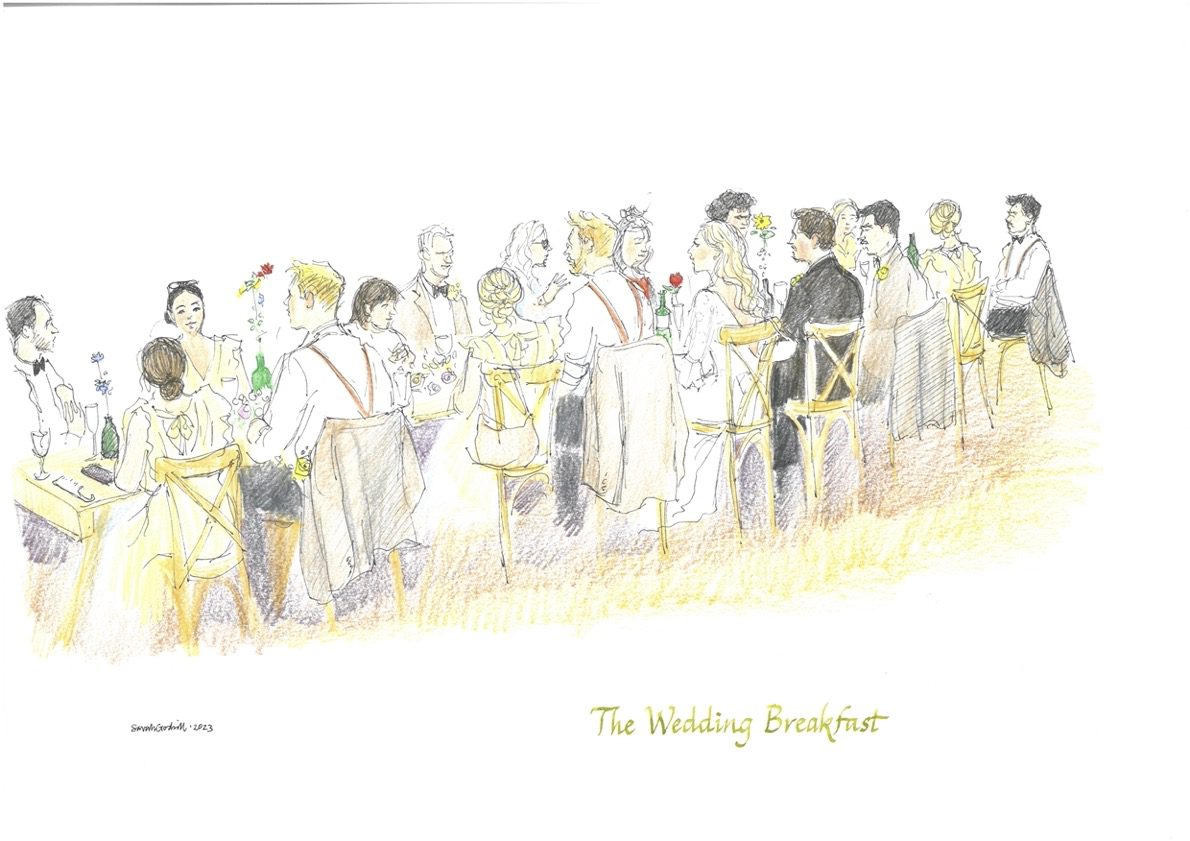 drawing of a Wedding breakfast in a marquee at a long table