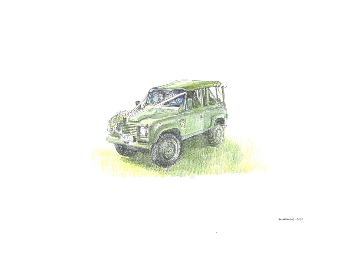 drawing of the couple arriving in Landrover