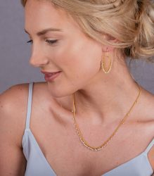 A pearl necklace and earrings worn by a blonde model. Kate Wood Jewellery listed on Tie The Knot Wedding Directory