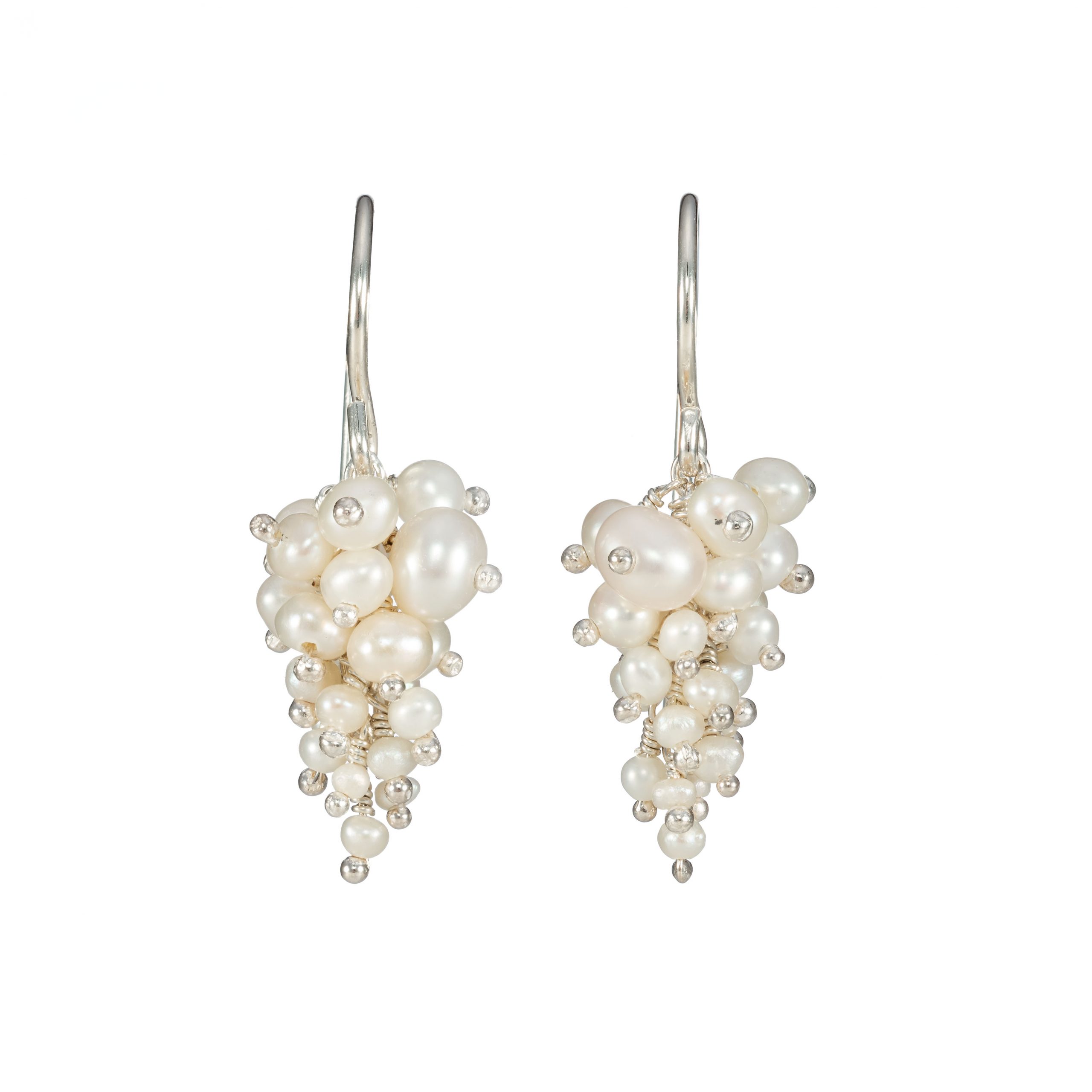 Pearl and silver grape earrings by Kate Wood