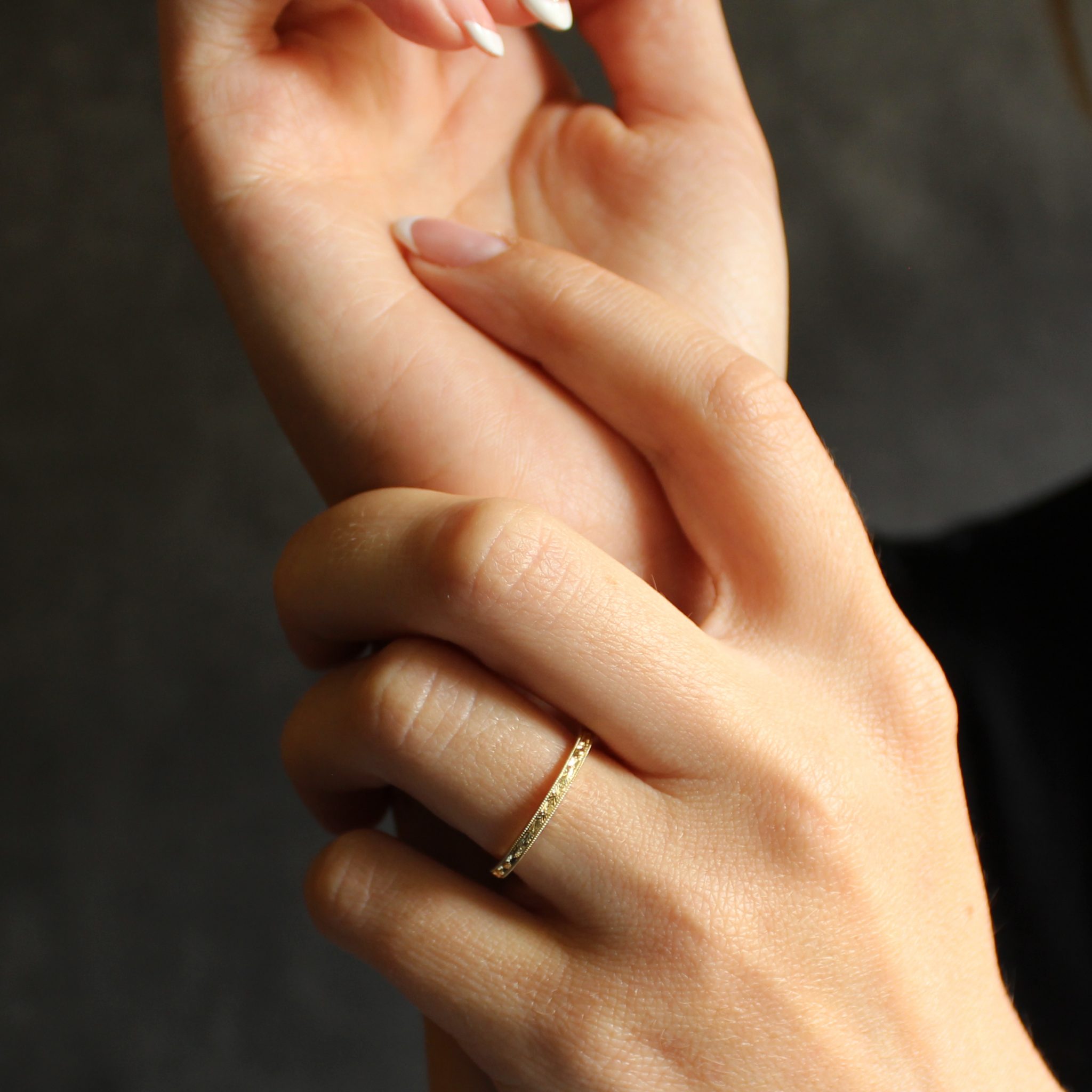 Yellow gold hand engraved wedding ring