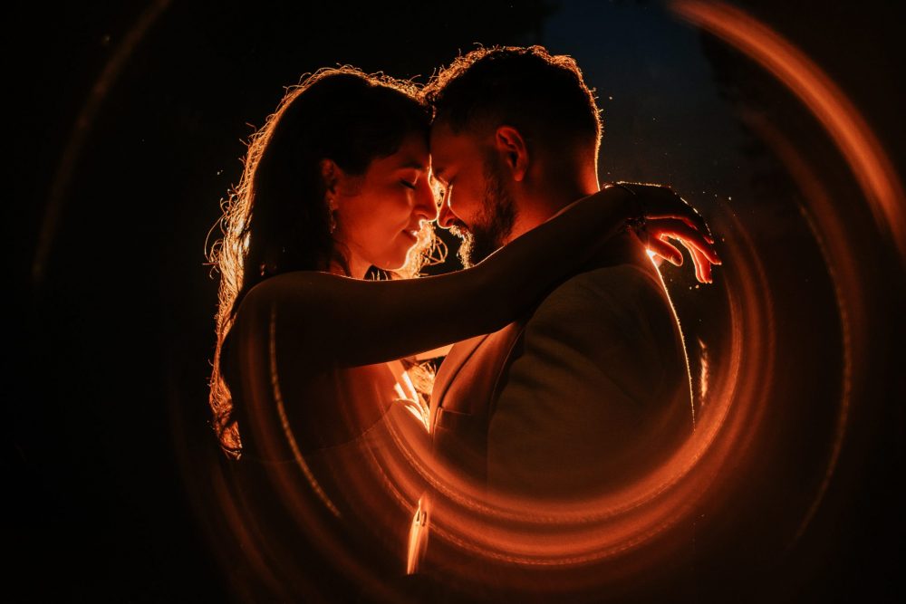 bridal couple embracing