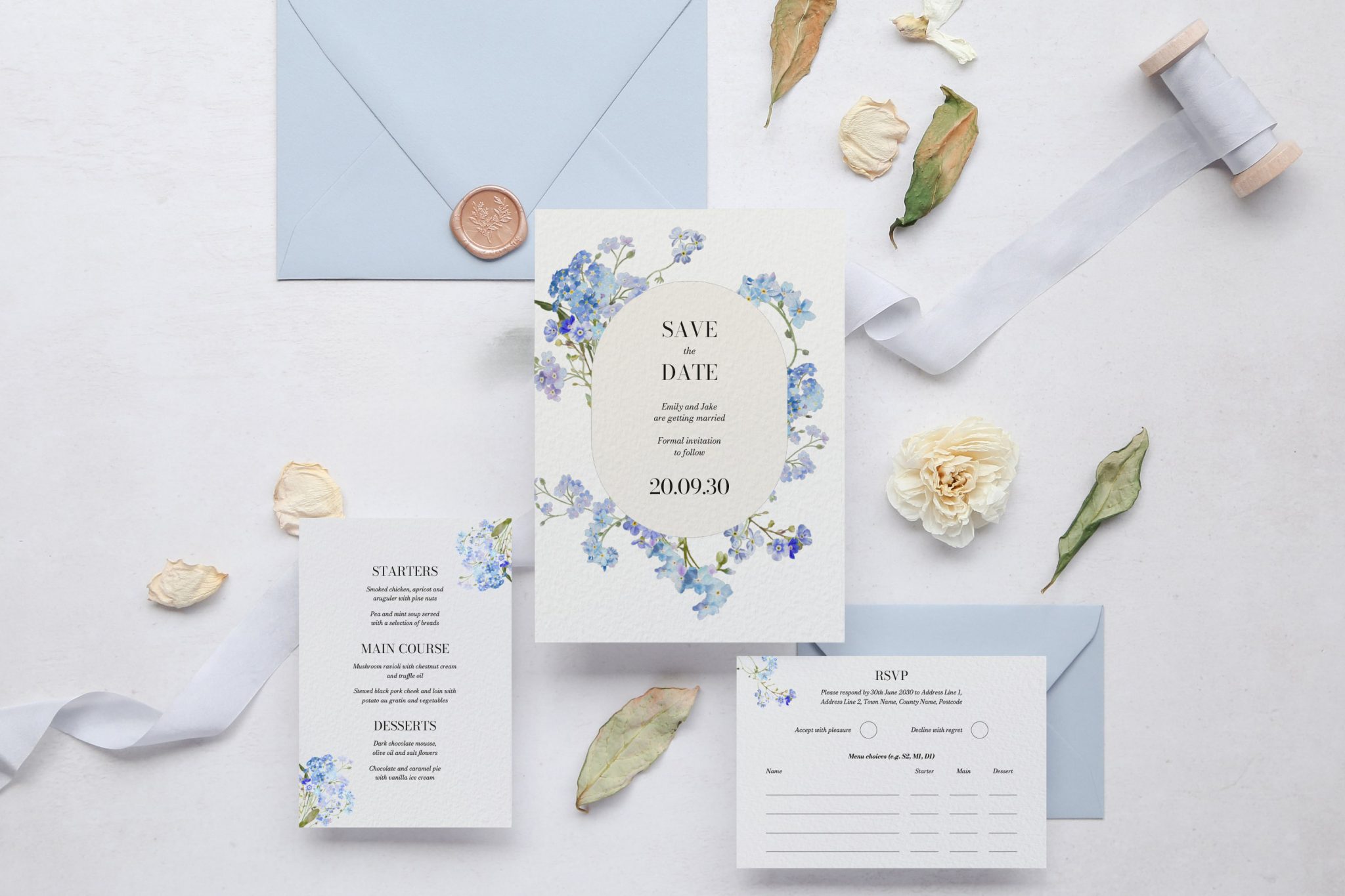 Dusty blue forget me not floral wedding save the date suite