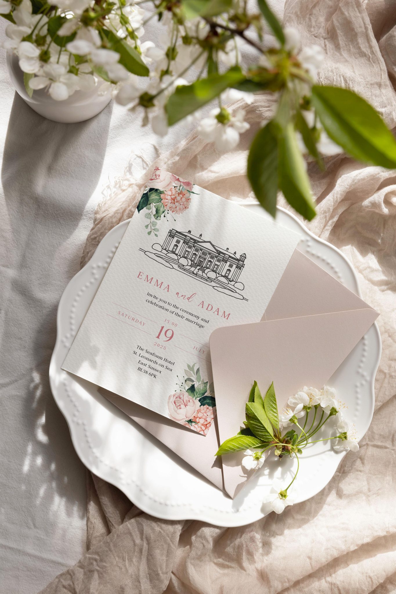 Custom Venue Illustration Wedding Invitation with pink Flowers