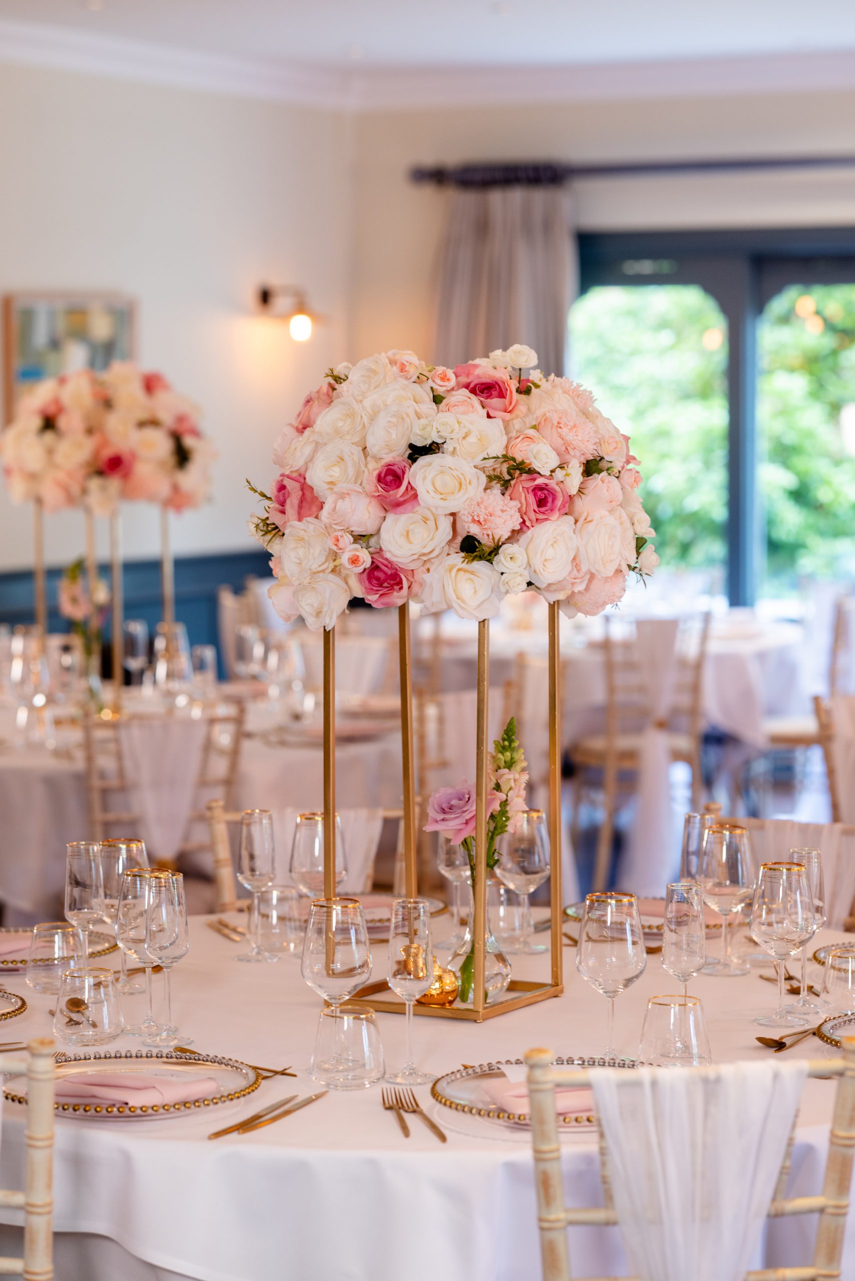 Wedding breakfast table decorations and centrepieces at the Connaught Hotel and Spa