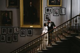 Bridal couple on staircase shot