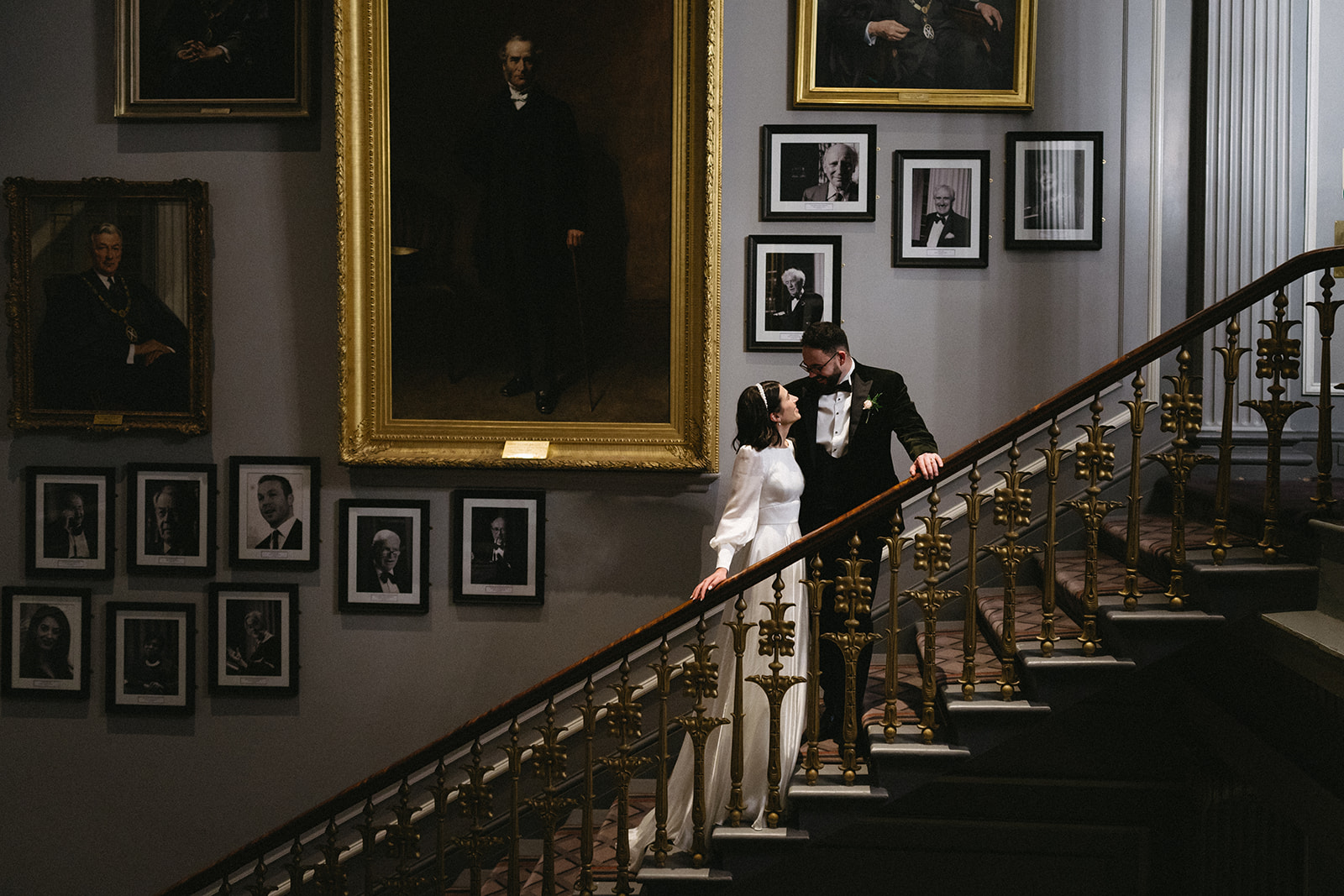 Bridal couple on staircase shot