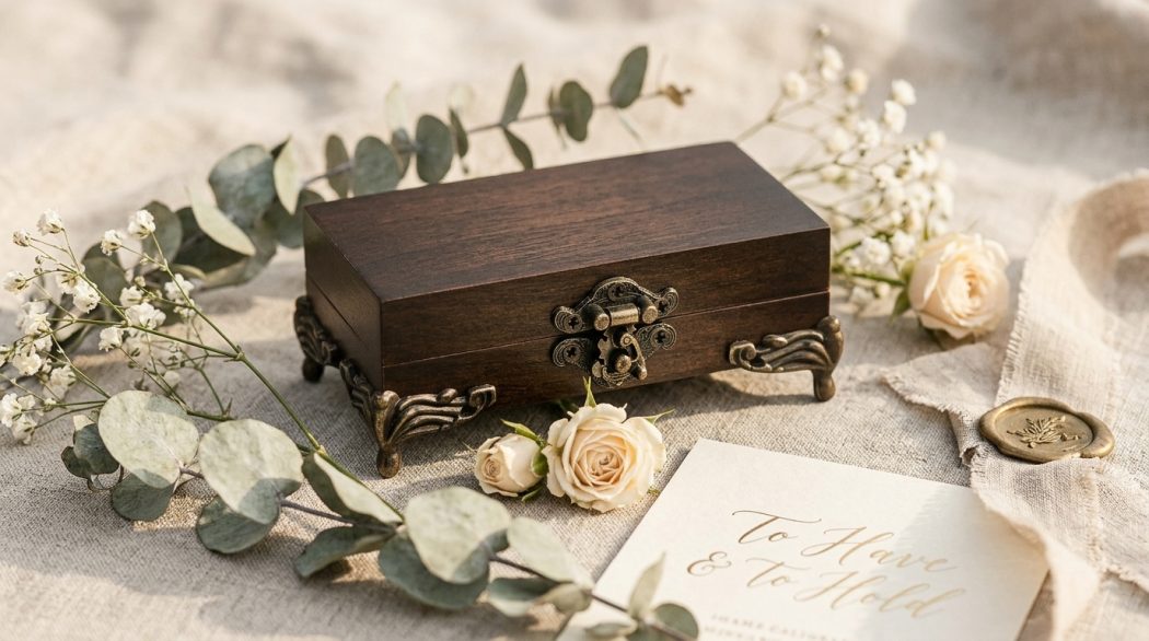Rustic wooden wedding ring box with flowers for a countryside wedding