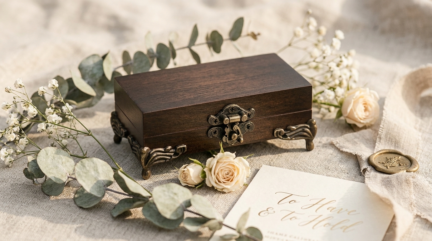 Rustic wooden wedding ring box with flowers for a countryside wedding