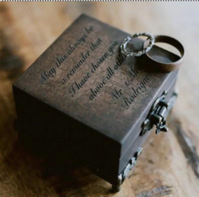 Boho wooden wedding ring box with engraved lid