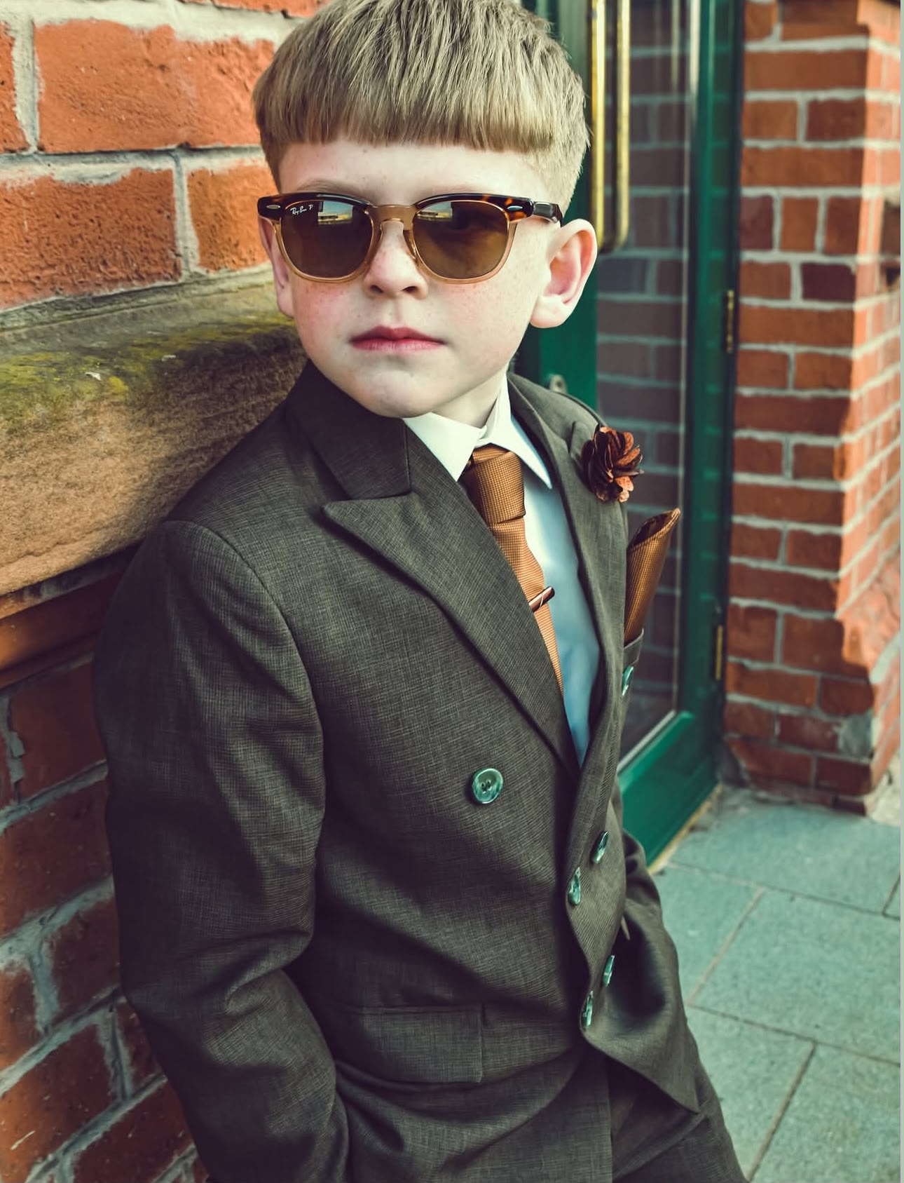 A boy wearing a dark green 4-piece page boy wedding suit.