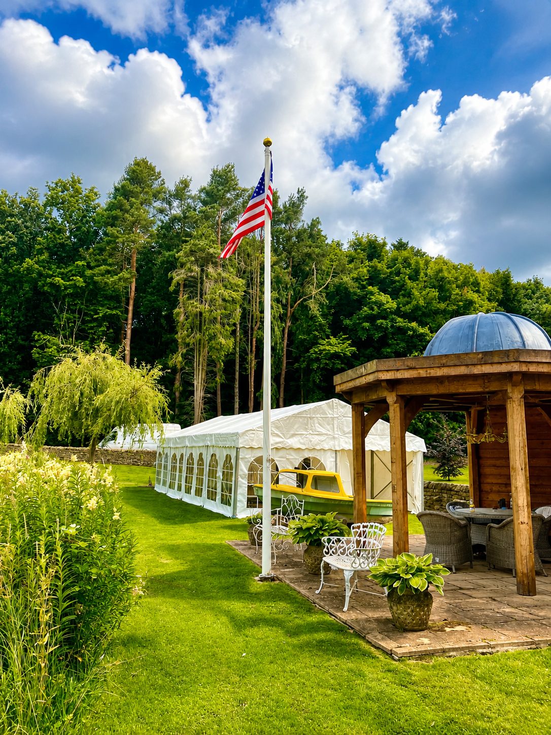Large clearspan marquee set up for a garden party in Yorkshire.